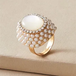 Elegant Korean Golden Pearls Opal Rings for Women Jewelry Open Adjustable Ring Female Simple Wedding Party Rings Ladies Gift