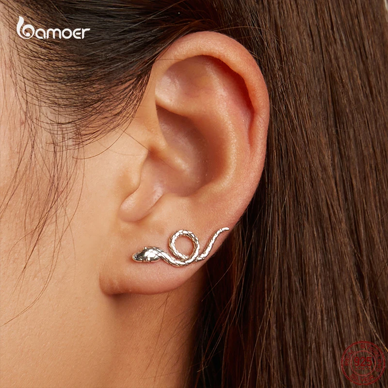 Bamoer New Classic Cute Snake Ear Studs for Women Genuine 925 Sterling Silver Animal Vintage Earrings Fashion Quality Jewelry