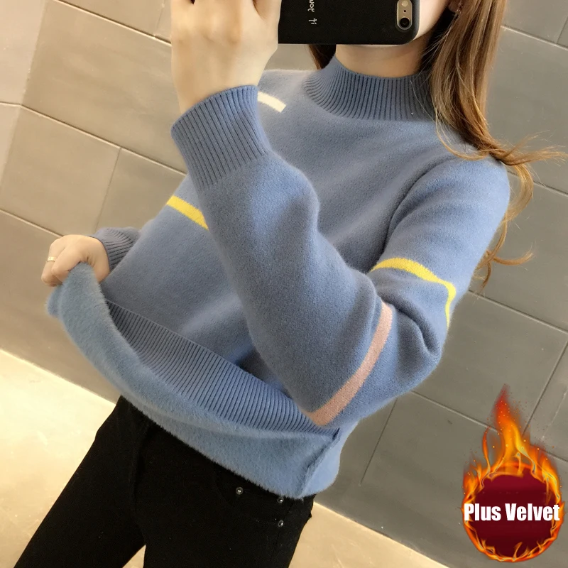 Women Sweater Thick 2022 New Arrival Winter Short Plus Velvet Keep Warm Trend Stripe Female Knitted Pullover Korean Style A90