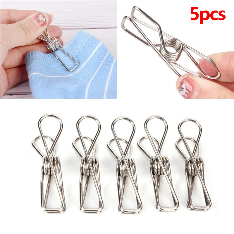 5pcs 5cm Stainless Steel Clips Clothes Pins Pegs Holders Clothing Clamps Sealing Clip Household Clothespin Hangers Sheet Set