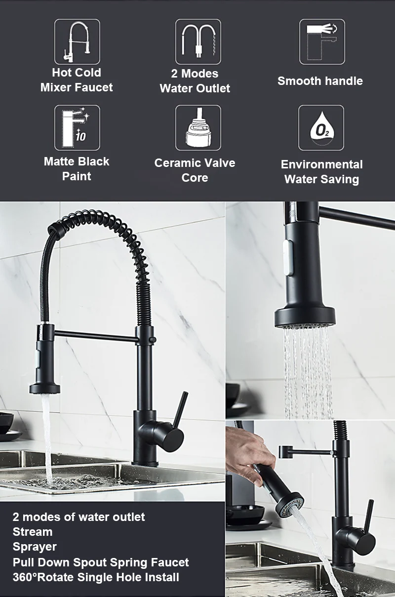 Matte Black Pull Down Kitchen Faucet Hot Cold Water Mixer Crane Tap Brass Spring Kitchen Sink Faucets Chrome Dual Modes Nozzle