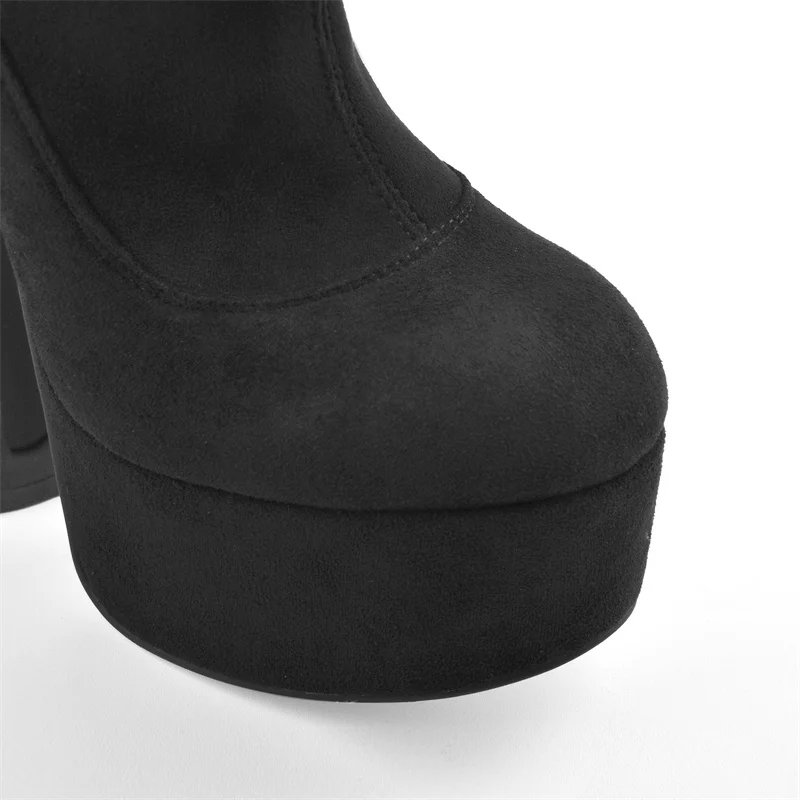 Onlymaker Women Black Platform Flock High Elastic Side Zipper Spike High Heels Big Size Fashion hick Knee High Boots