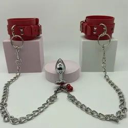 Slave Bondage Sexy Adjustable Leather Handcuffs with Metal Chain Anal Bead Plug for Couples Bdsm Adults Sex Games Erotic Set