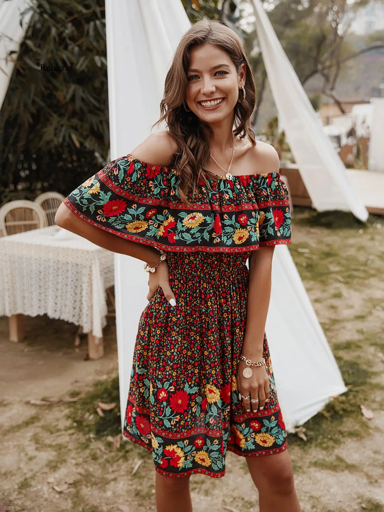 Robe Boho décontractée à manches courtes pour femmes, tenue de soirée, épaules dénudées, Sexy, été