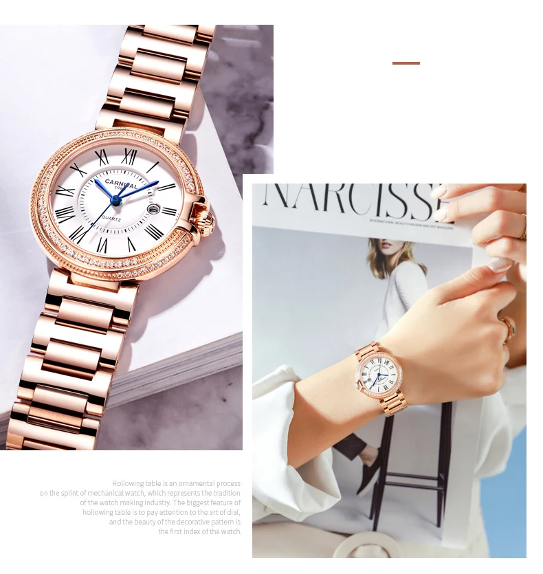 Reloj Mujer CARNIVAL Rose Gold Womens Watches Top Brand Luxury Waterproof Watch Fashion Ladies Steel Casual Quartz Clock