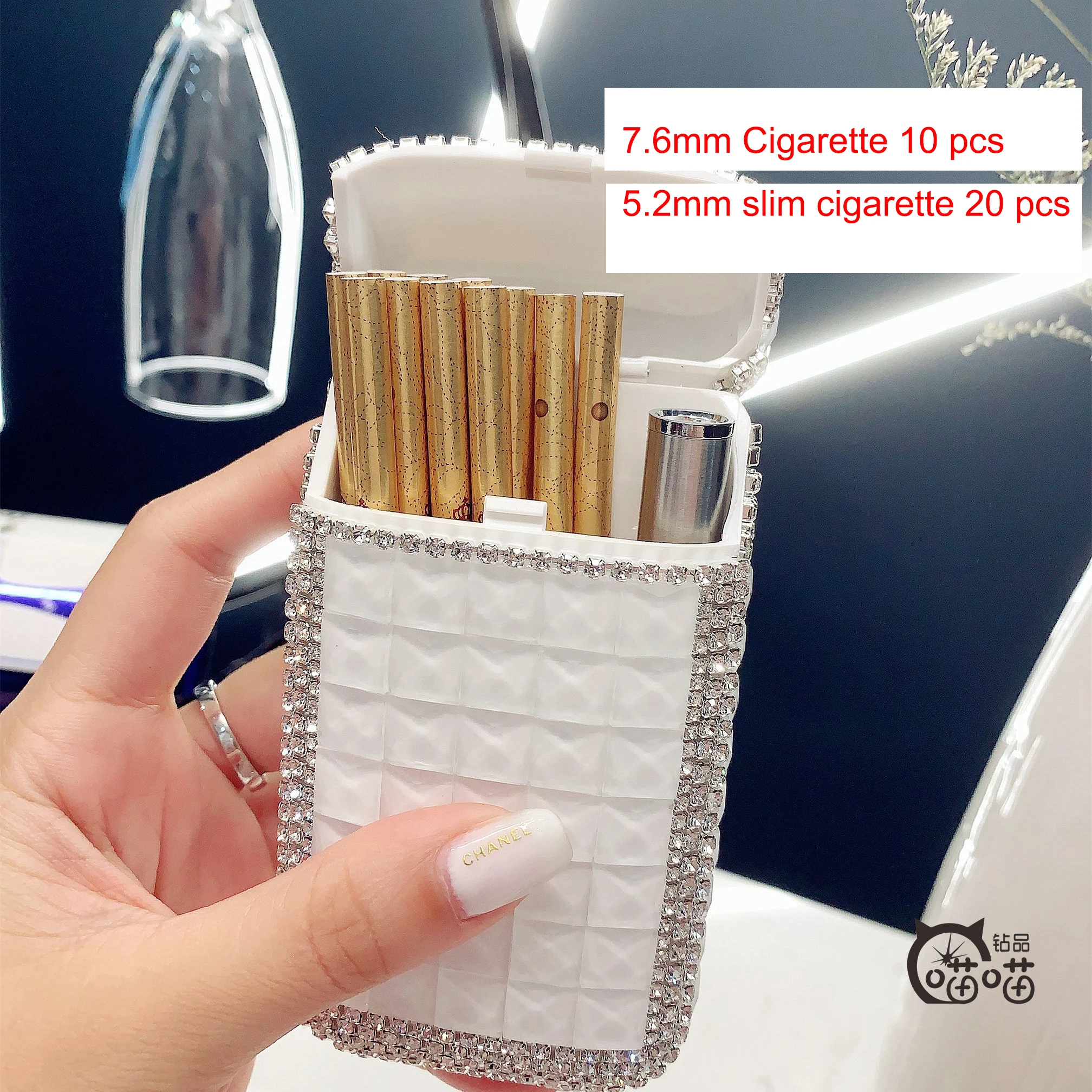 Luxury Diamond Plastic Cigarette Case Box for Long Slim 100\'s Cigarette - USB Lighter Rechargeable luxury Shiny Rhinestones