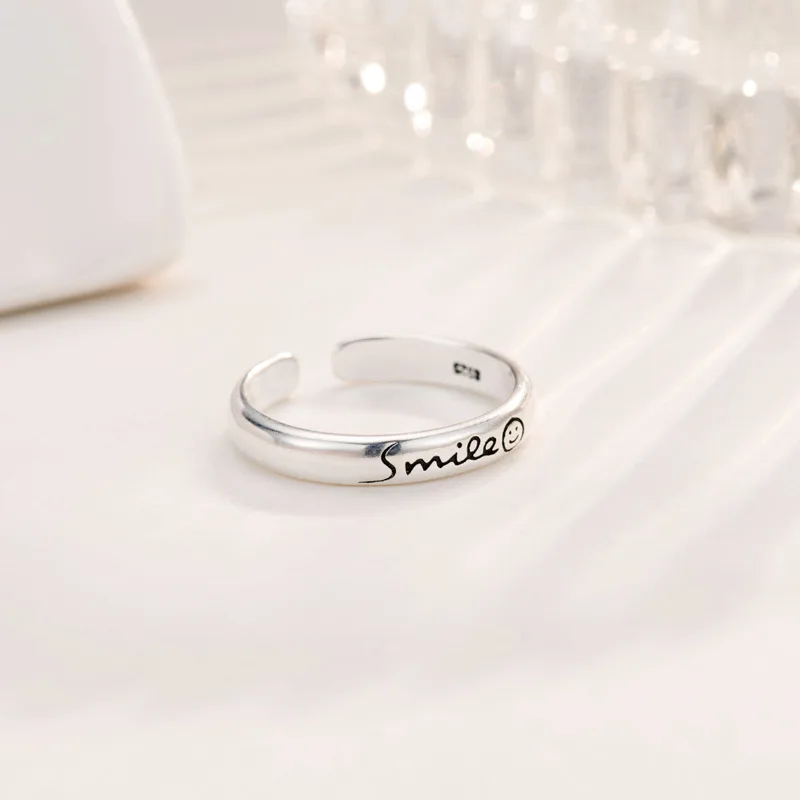 925 Sterling Silver Smiling face Open Rings For Women Vintage Style Lady Prevent Allergy Sterling-silver-jewelry