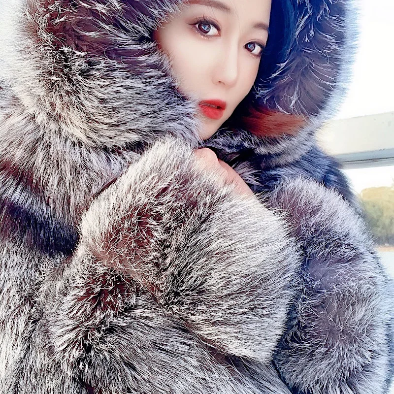 

2021 New Luxury Silver Fox Fur Hooded Coats Women Winter Warm Outerwear High Quality Genuine Fox Fur Thick Fur Coat