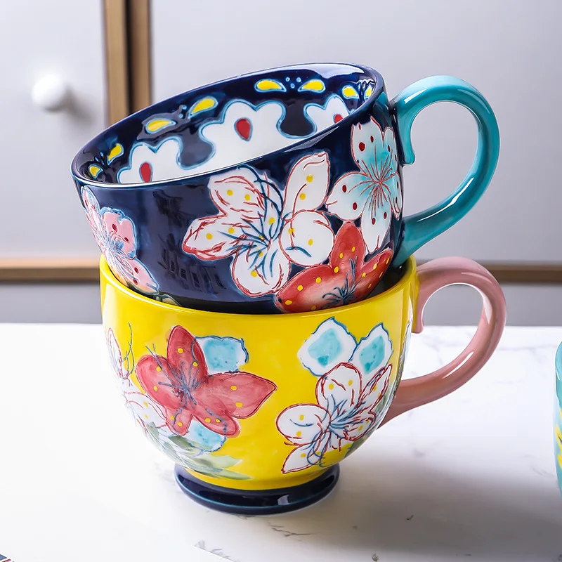 Ceramic Coffee Mugs and Cups Large Capacity Hand Painted Flower Household Office Using Porcelain Creative Drinking Water Mug