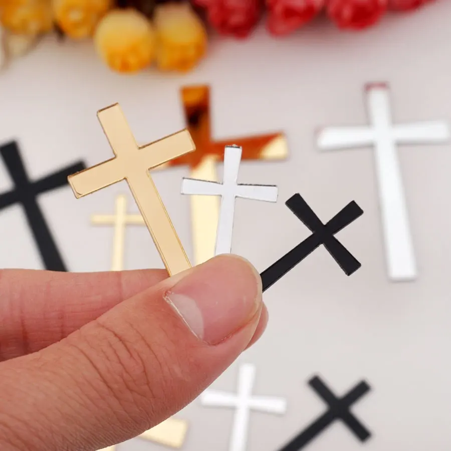 50 Pcs/Lot Acrylic Mirror Laser Cutting Cross Sticker Wedding Party Favors Home Decor Black Silver Gold