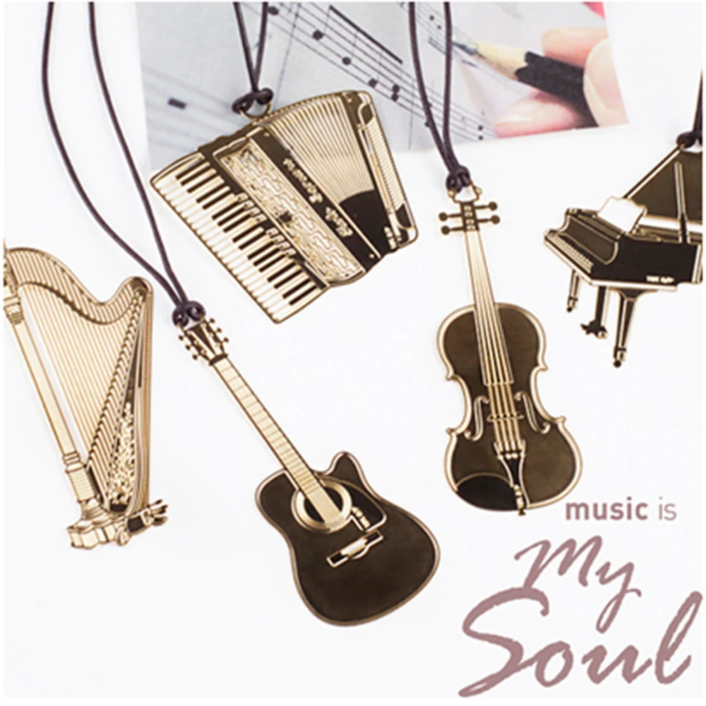 1Pcs Metal Musical Violin Piano Bookmark with Lanyard Office School Stationery Book Marks