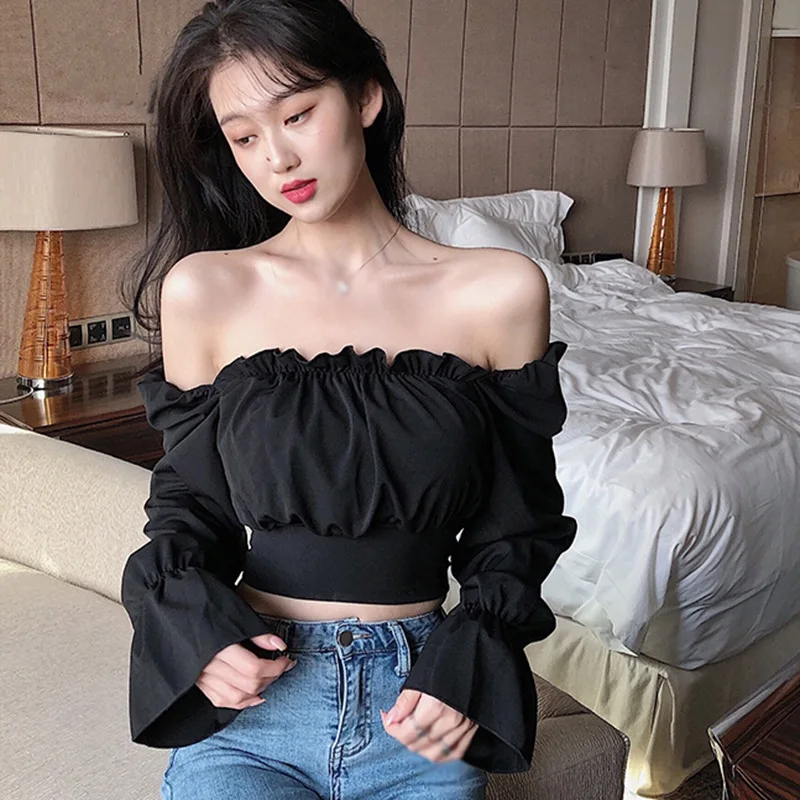 Sexy Bandage Navel Exposed Long Sleeve Shirt  Summer Women\'s Solid Slash NeckBlouses Retro Puff Sleeve Elastic Chic Blusa