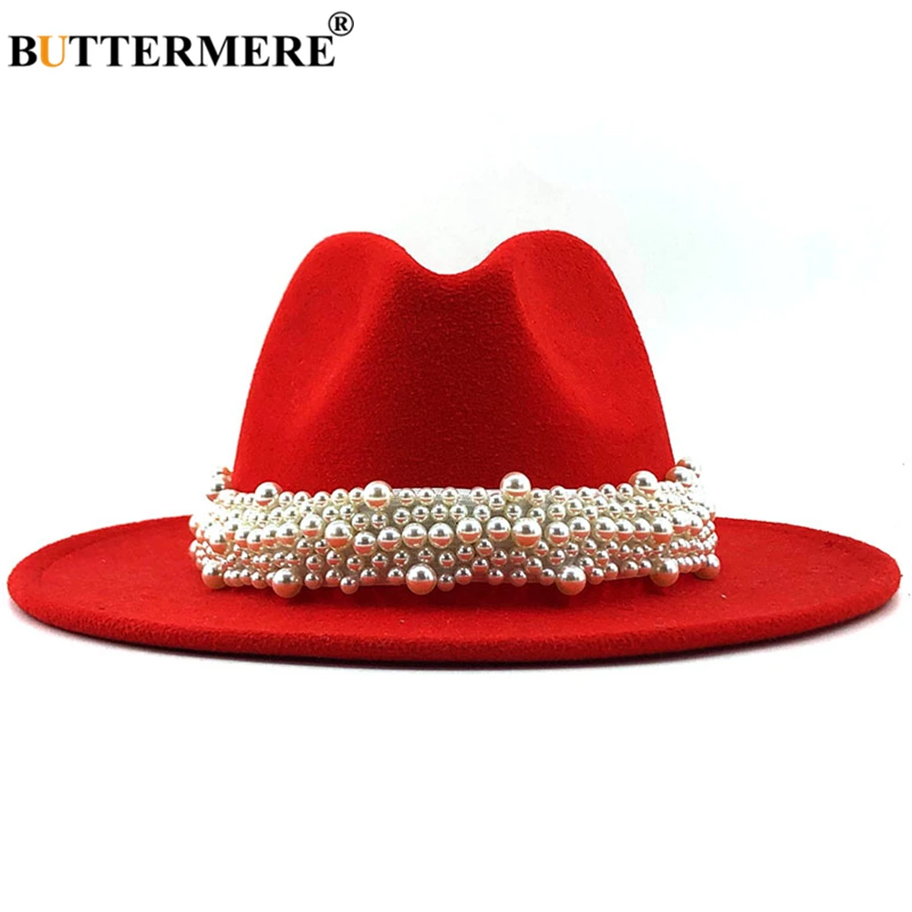 BUTTERMERE Jazz Fedora Hats Casual Women Pearl Felt Hat White Pink Yellow Blue Red Woolen Panama Trilby Formal Party Cap 58-61CM