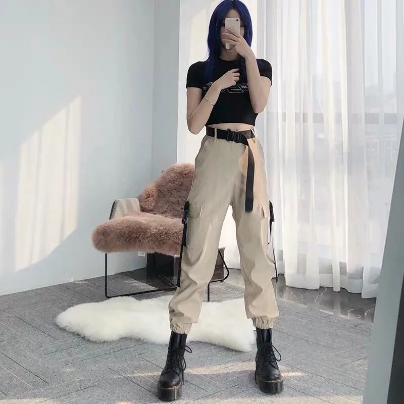 Armygreen-pantalones Cargo con cinturón para mujer, Capri informal de cintura alta, Harajuku, Hip Hop, ropa de calle escolar, color negro