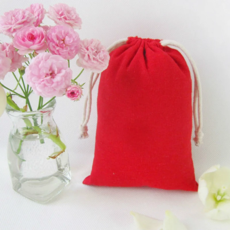 

50PCS Red Linen Gift Bags Packaging Jewelry Cosmetic Cotton Linen Drawstring Pouch Party Wedding Gift Storage Sachet Print Logo