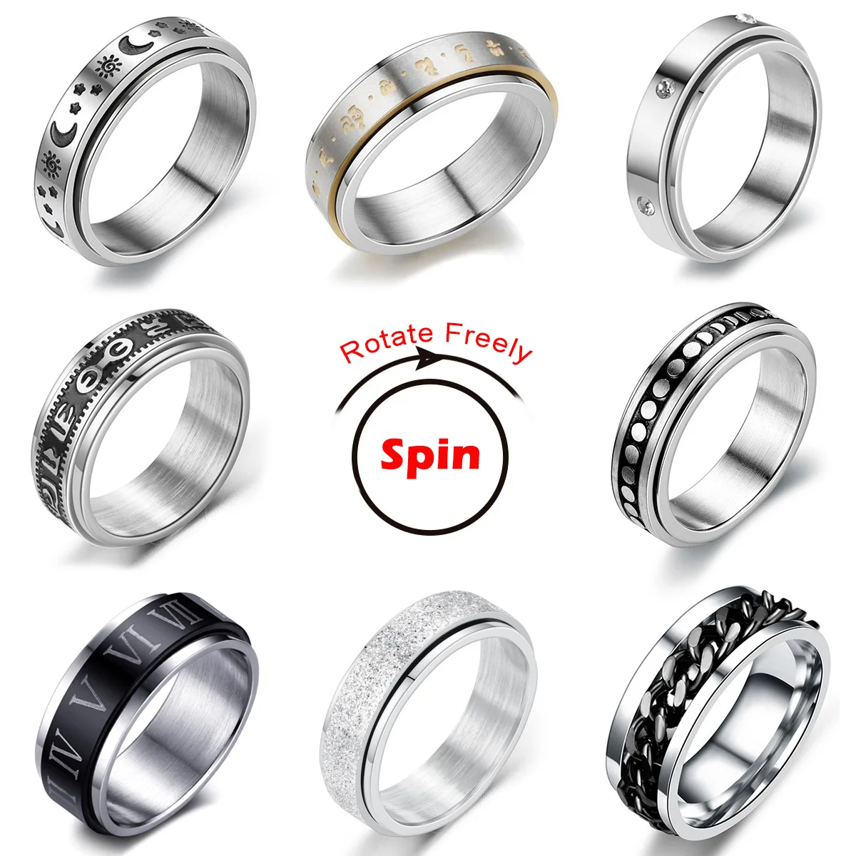 Spinning Spinner Ring For Men Women Anxiety Fidget Rings Stainless Steel Moon Star Roman Numerals Chain Rotating Ring