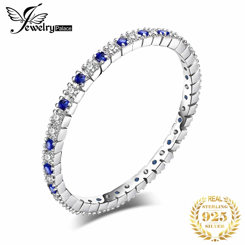 JewelryPalace Created Blue Spinel Red Ruby 925 Sterling Silver Wedding Band Ring for Women Engagement Party Gift Fine Jewelry