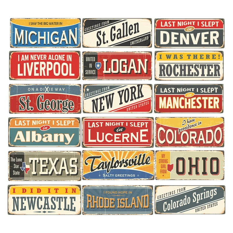 Customize Tin Sign Decorative Crafts Metal Wall Plates City Name Meral Sign Vintage Bar Garage Decor Plaques Irregular15x40 cm