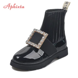 Aphixta kwadratowe obcasy buty damskie moda okrągłe Toe Bling kryształy klamra kostki Martns buty Slip-on buty z kryształkami kobieta łodzie