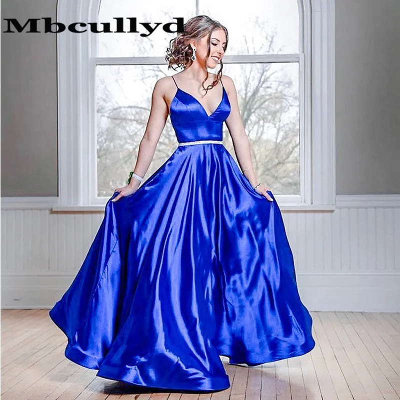 

Mbcullyd Chic A-line Long Prom Dresses Sexy V-neck Backless Evening Dress For Women Plus Size Royal Blue Robe De Soiree