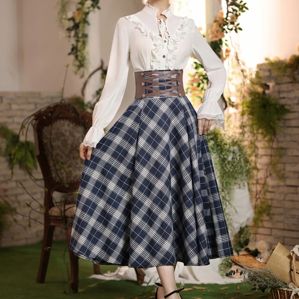 SD Renaissance Plaid Skirt Women High Waist Buttons Decorated A-Line Skirt Fashion Youth Lady Casual Gothic Punk Midi Skirts New