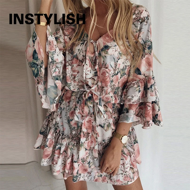 Elegant Floral Print A Line Dress Summer Bohemian V Neck Ruffles Chiffon Dress Women Casual Beach Party Mini Dress Oversized 2XL