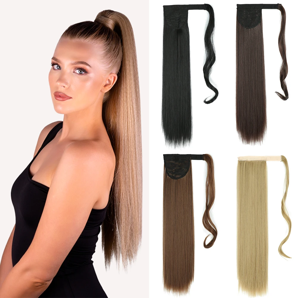 AZIR Long Straight Ponytail Hair Synthetic Extensions Heat Resistant Hair 22/32Inch Wrap Around Pony Hairpiece for Women