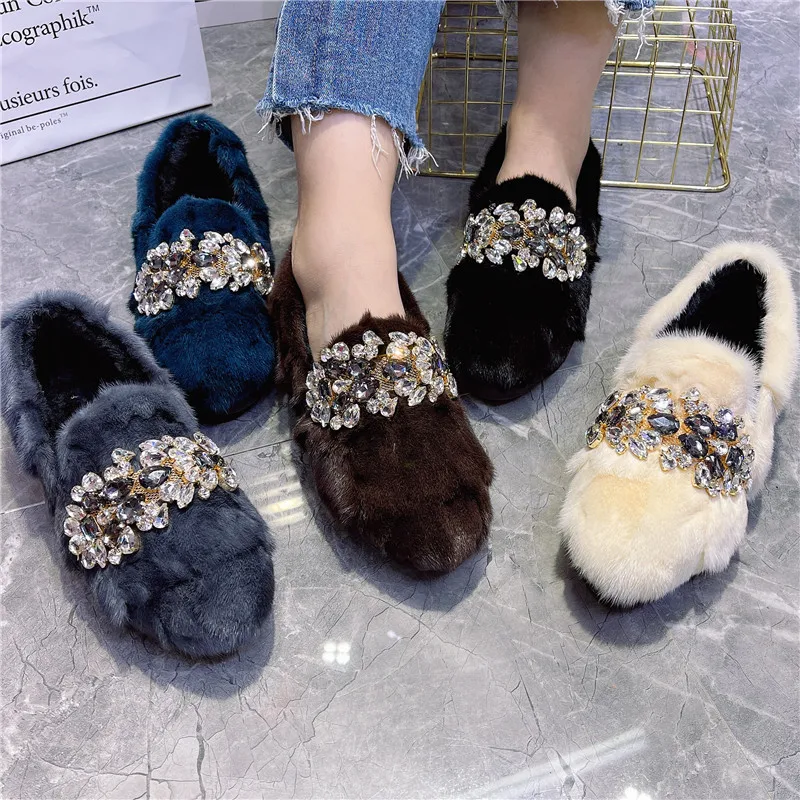 Real Mink Fur Women Loafers Casual Thick Sole Moccasins Crystal Winter Snow Shoes Woman Fur Espadrilles Flats Creepers