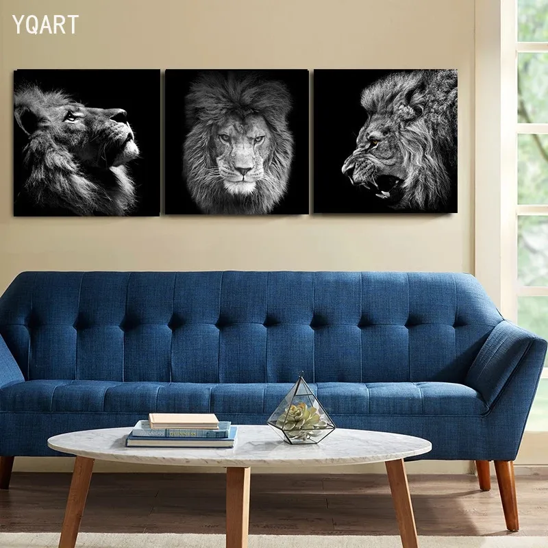 

Black and White Lions Canvas Poster Wild Animals Oil Paintings Wall Art Pictures For Modern Home Living Room Bedroom Decor