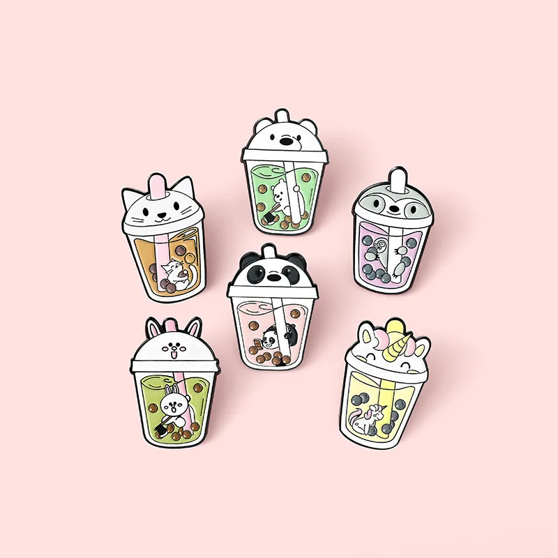 Creative Cartoon Sweet Milk Tea Enamel Pins Unicorn Rabbit Cat Cup Metal Brooch Badge Trendy Fun Lapel Jewelry Gift For Kids