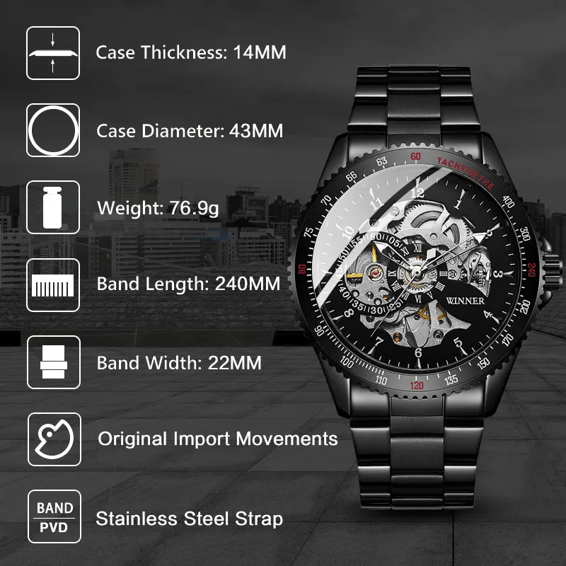 Free Shipping 2020 Men Automatic Mechanical Watches Winner Men\'s Black Stainless Steel Watches Fashion Skeleton Steampunk Watch