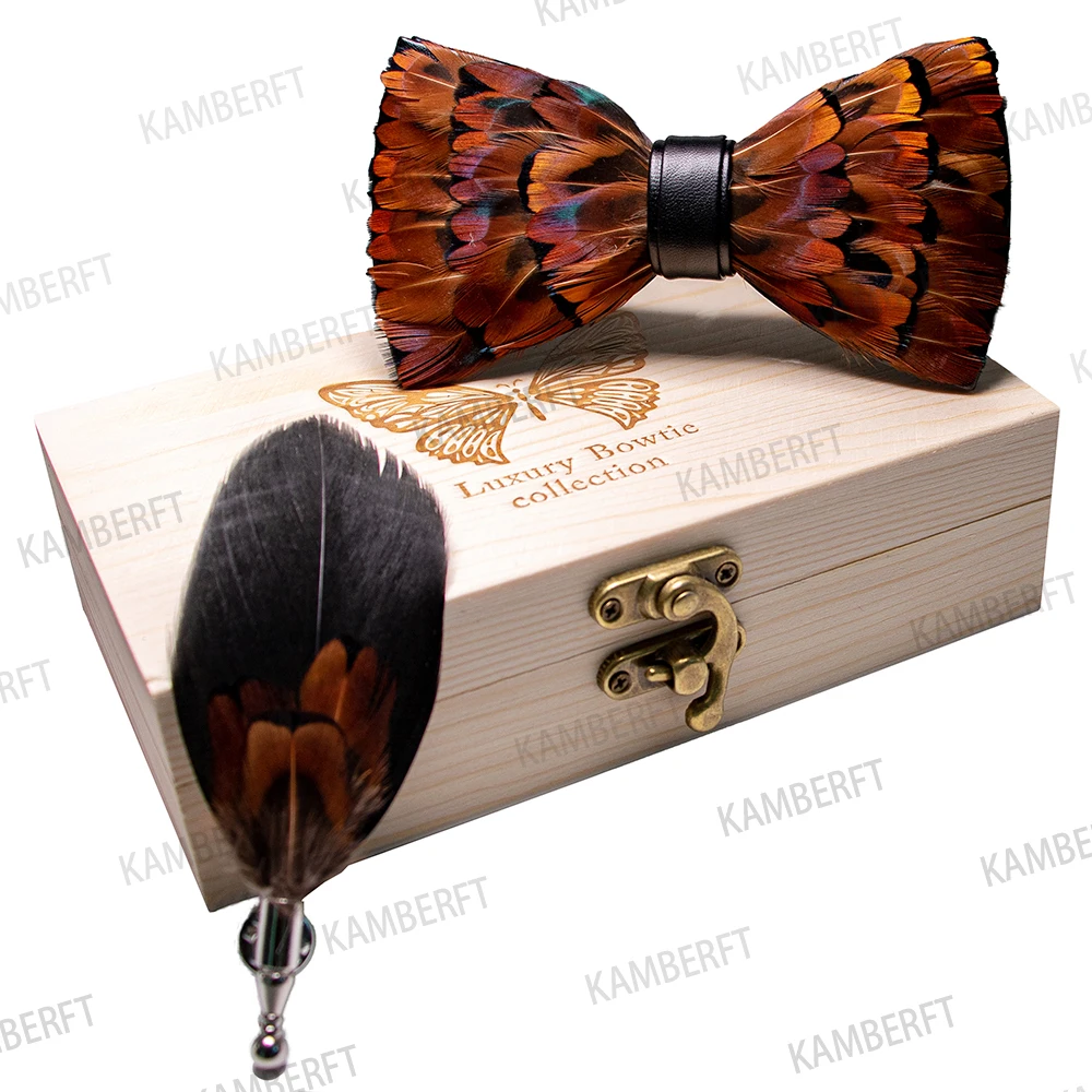 KAMBERFT 67 style New Design Natural Feather Bow tie Exquisite HandMade Mens BowTie Brooch Pin Wooden Gift Box Set for Wedding