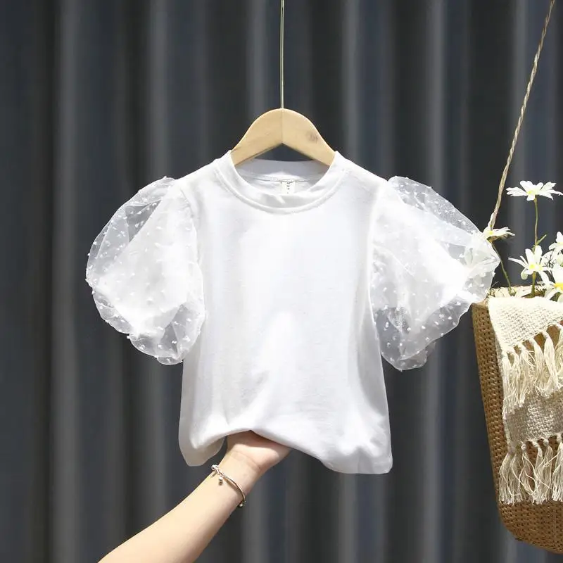 Fashion Summer Baby Girl Cotton T-Shirt Puff Sleeve Toddler Girl Pincess Lace Shirt Short Sleeve Round Neck Tee Top Solid Blouse