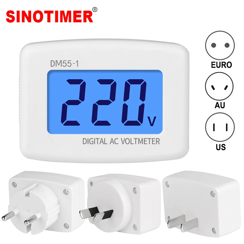 DM55-1 AU US EU Plug in Digital Voltage Meter Voltmeter Tester LCD Display Volt Wall Flat Measuring Socket Monitors AC 220V 110V