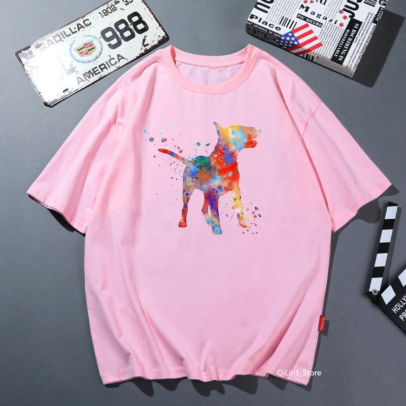 Watercolor Bull Terrier Dag Animal Print T-Shirt Women Pink Solid T Shirt Femme Harajuku Shirt Kawaii Clothes Tshirt Female Tops