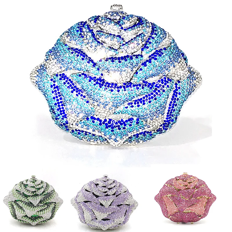 

Flower Shape Purple/Blue/Green 12 Colors Wedding Crystals Clutch Purse Luxury Clutches Women Bridal Evening Dinner Party Handbag