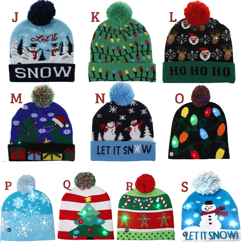 New Style! LED Christmas Hat Beanie Light Up Illuminate Warm Hat 48 Patterns New Year Snowman Sweater Hat Christmas Decorations