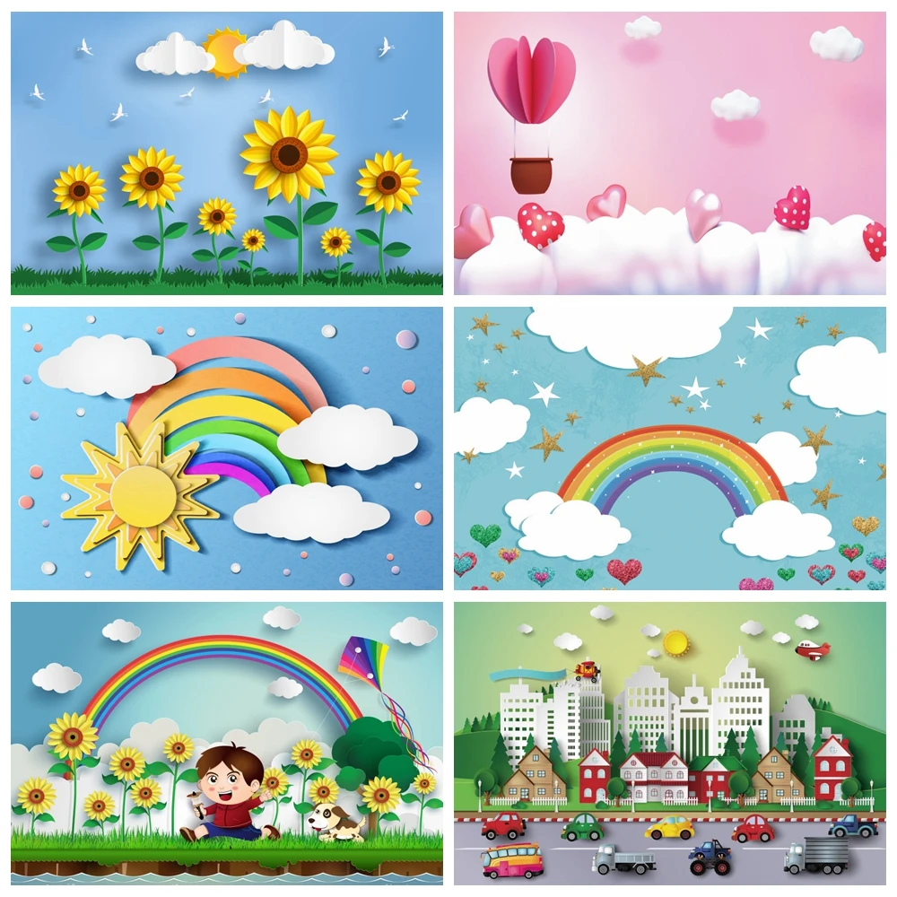 

Laeacco Birthday Baby Shower Photo Backdrops Clouds Rainbow Sunflowers Balloons Sun Newborn Photography Backgrounds Photo Studio