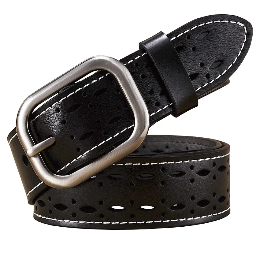 

Fashion Hollow Genuine leather belts for women Quality Pin buckle Wide stitching belt woman Cow skin waist strap width 3.2 cm