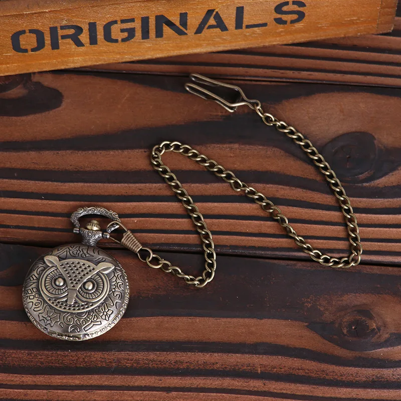 8084Owl Case Quartz Pocket Watch with Necklace Charm Accessories Vintage Classic Embossed Vintage