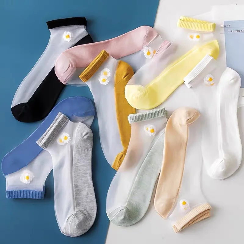 10 Pairs Women Elastic Socks Crystal Glass Silk Ultrathin Lace Literary Summer Transparent Short Socks