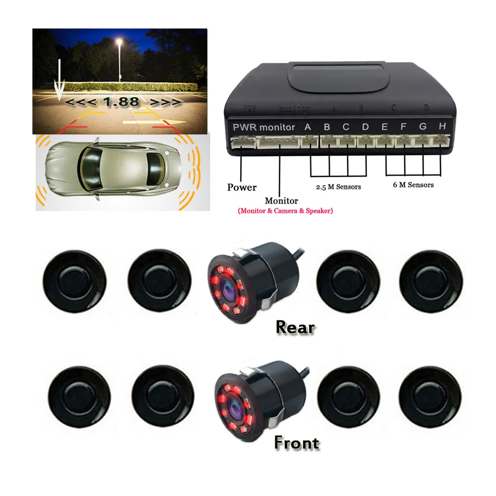 

Dual Channel Video Car Parking Sensors 8 Reverse Radar System 8 IR Waterproof Front & Rear view Camera For Car Monitor DVD