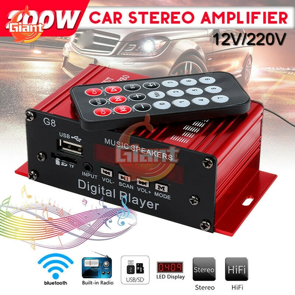 12V AV Amp Speaker with Remote Control  200W Bluetooth 2.0 Channel Audio Power USB Auto HiFi Amplifier for Car Home