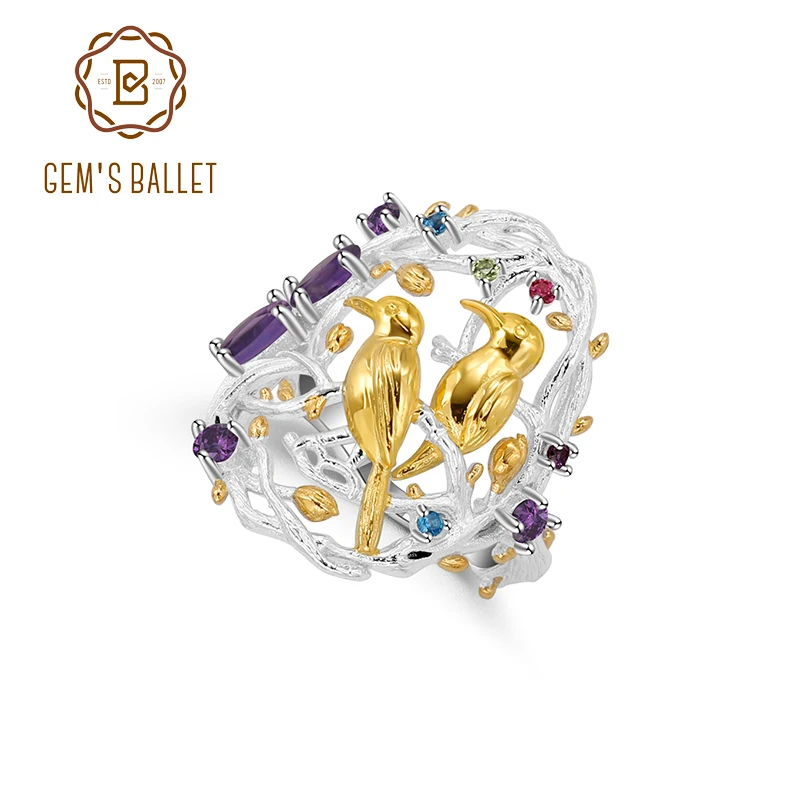 GEM'S BALLET Natural Amethyst Gemstones Women's Cocktail Ring 925 Sterling Silver Handmade Branches Busy Garden Fine Jewelry