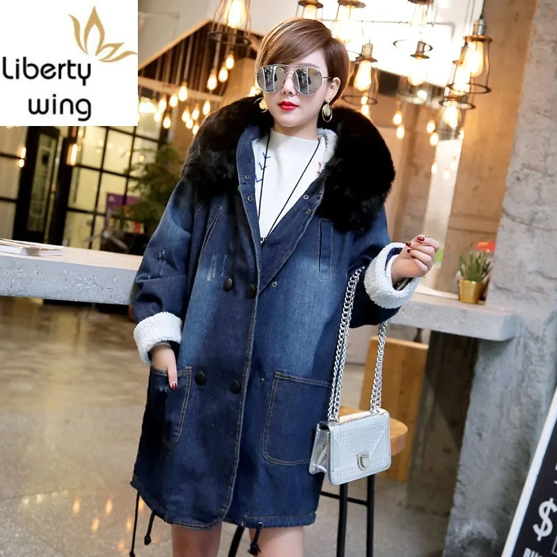 

New Fashion Denim Jean Coats Women Double Breasted Long Sleeve Fur Lining Warm Parkas Female Hooded Big Collar Large Size XL-5XL