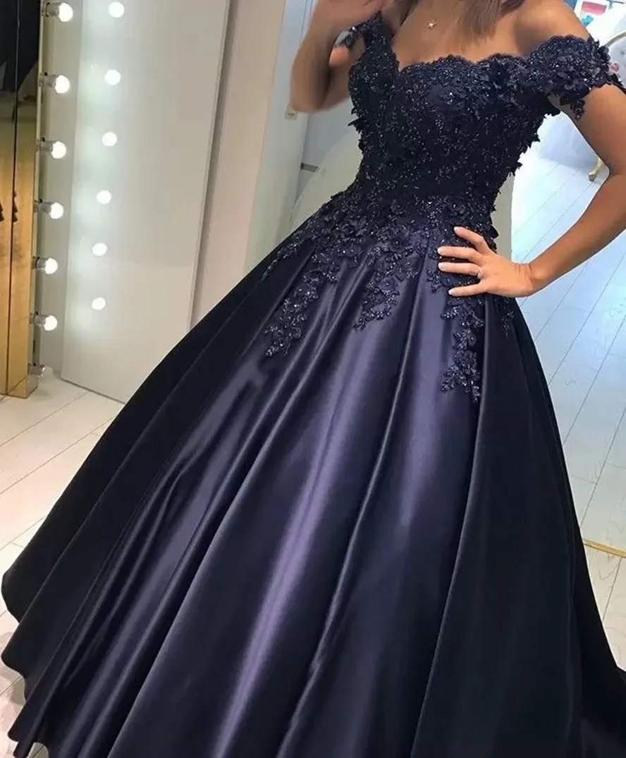 

Navy Blue Lace Beads Prom Dresses 2023 Formal Evening Wear Party Pageant Gowns Short Sleeve Dubai Robe De Soiree