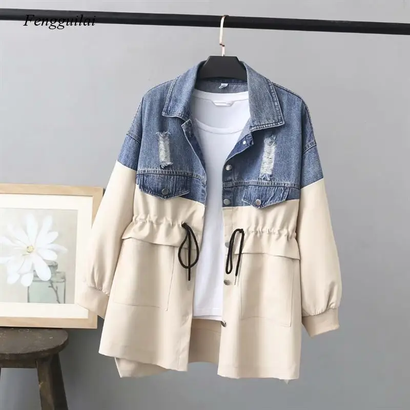 

Spring Autumn Jeans Jacket Women Clothes Drawstring Denim Coat Female Harajuku Patchwork Long Sleeve Outerwear