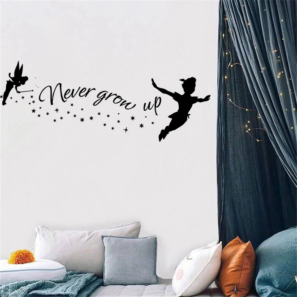 Never Grow Up Wall Decal Peter Pan Quote Vinyl Sticker Neverland Wall Murals Nursery Kids Room Decoration