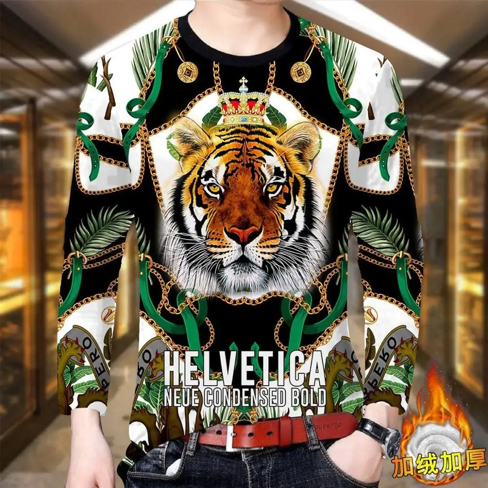 

new Plus velvet thick men's T-shirt men's 3D fire lion dragon tiger head animal print pattern bottoming shirt for winter clothes