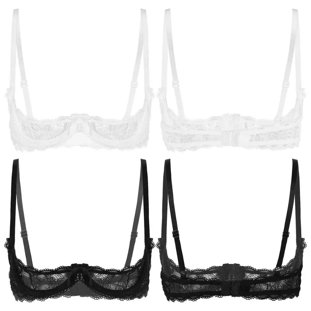 Women See Through Sheer Lace Hollow Out Lingerie Adjustable Spaghetti Shoulder Straps Open Cups Bra Push Up Underwire Bra Tops